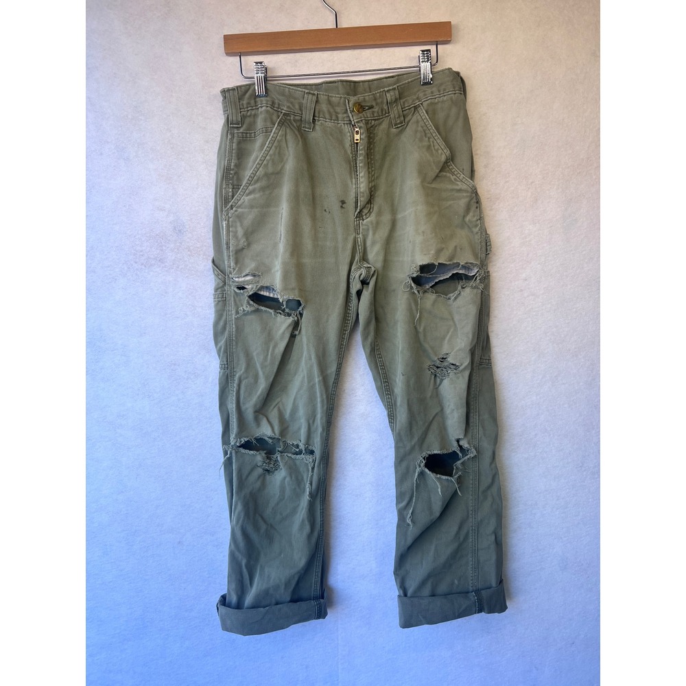 Carhartt B324-ARG Relaxed Fit Carpenter Pants Green Distressed 32x32 Mens